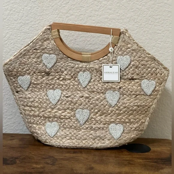Shiraleah Natural Straw Tote with Beaded White Heart Details - Picture 3 of 8